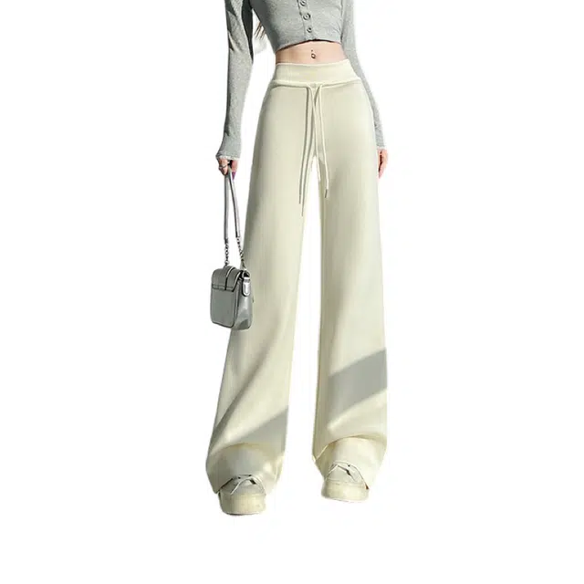 荟萃阁 美式复古高腰抽绳直筒运动裤女秋季慵懒松弛宽松拖地卫裤休闲裤 女款