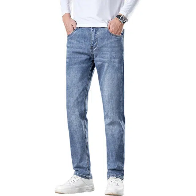 么宁 美式复古宽松直筒裤弹力舒适透气简约百搭耐穿耐磨运动休闲牛仔裤 男女同款