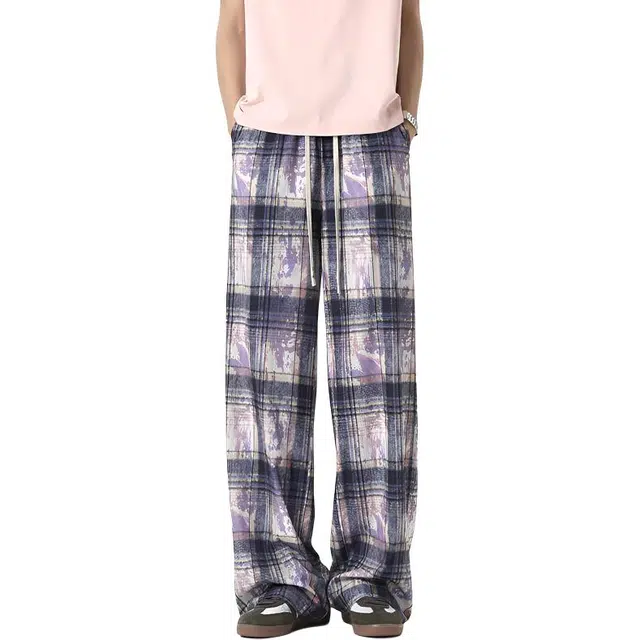 华夏儿女 美式高街潮流基础百搭时尚韩版大码中性风直筒格子条纹裤休闲裤 男女同款