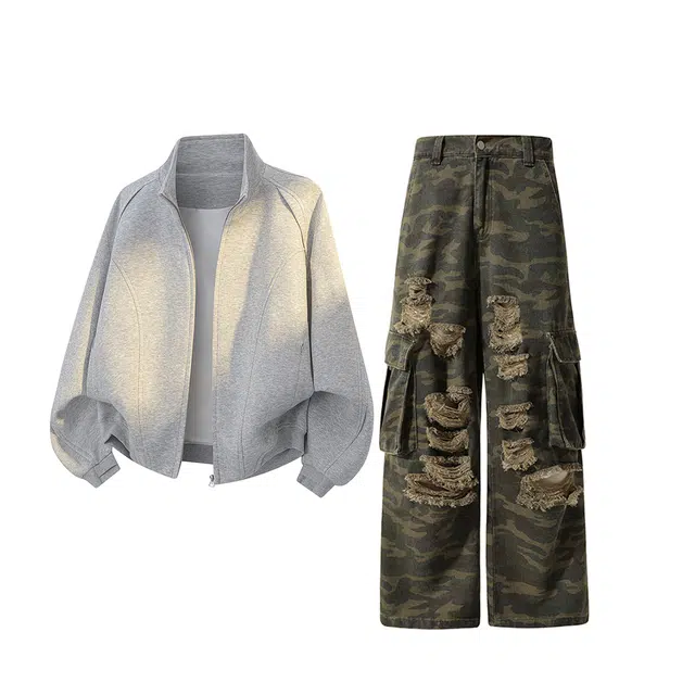 素杭 重磅短款拼接解构基础纯色百搭立领长袖上衣美式高街复古迷彩破洞阔腿长裤休闲运动套装 男女同款