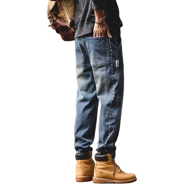 协协乐 高街机能风拼接设计感高端春秋季美式宽松哈伦束脚工装九分裤休闲长裤秋冬款潮牌牛仔裤 男款