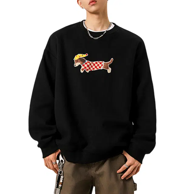 冈哉 腊肠小狗刺绣纯色圆领设计美式学院风日常通勤舒适亲肤套头松弛感内穿百搭卫衣 男女同款