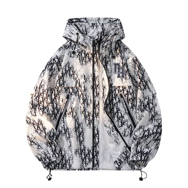 敦煌博物馆 美式扎染复古字母万针刺绣户外防风运动宽松休闲百搭泡泡格满印大码连帽夹克外套 男女同款