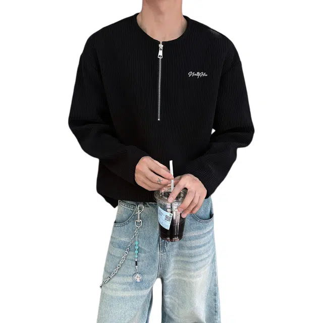 【高街半开领华夫格】布客行 拉链领口长袖内搭美式复古亲肤柔顺港风垂感宽松大码日系慵懒风纯色小众百搭学院风可外穿通勤卫衣 男女同款