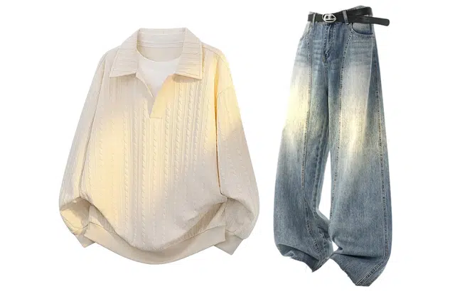 梓润格 潮牌高颜值老钱风复古提花肌理感宽松假两件螺纹下摆上衣蓝拖地牛仔裤高街阔腿弯刀裤卫衣套装 男女同款