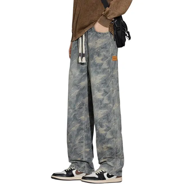 协协乐 高街嘻哈街头提花水洗中腰男士早秋宽松直筒日系青少年潮牌休闲春秋阔腿拖地长裤子牛仔裤 男款