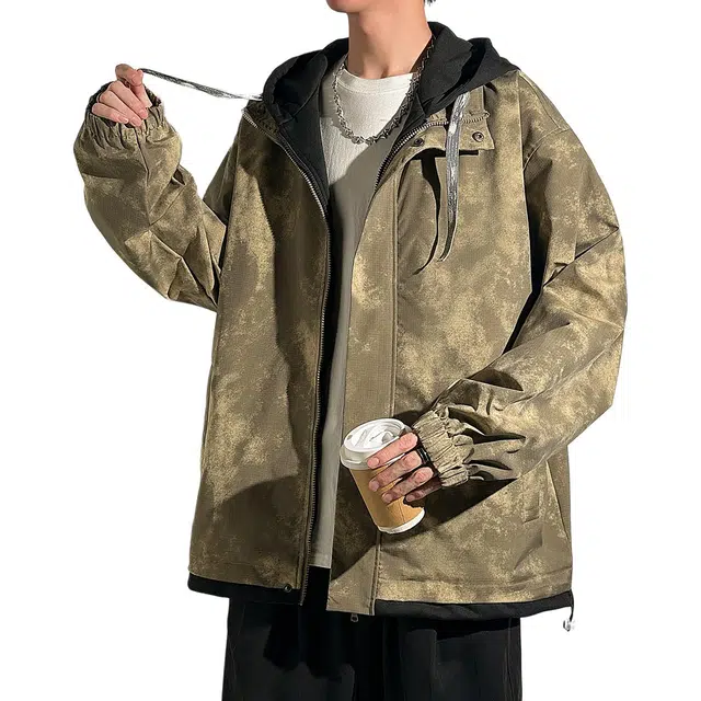 左岸 美式潮牌春秋季宽松休闲百搭带帽上衣脏脏印设计感拼色假两件夹克外套 男款