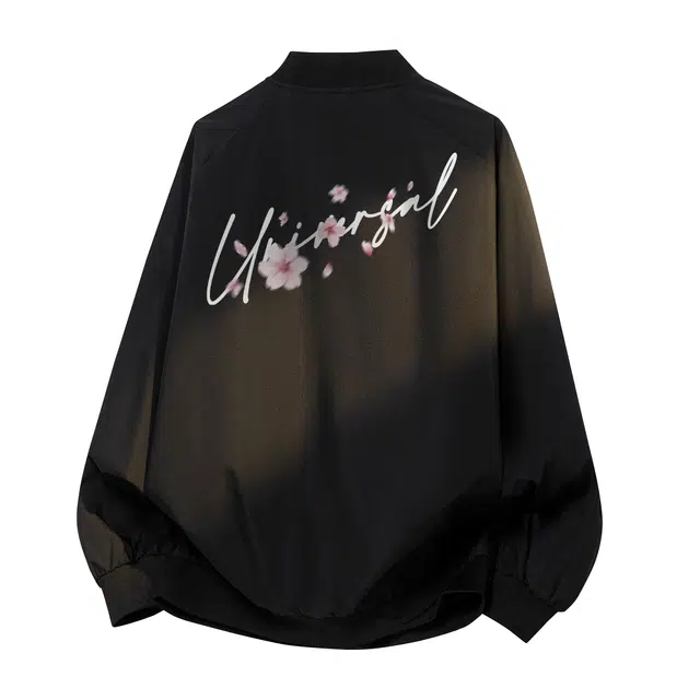物质公式 美式复古高街痞帅潮牌樱花飘落艺术字母印花简约时尚基础款棒球领重磅宽松百搭防风防水飞行员教练工装潮流学生夹克外套 男女同款