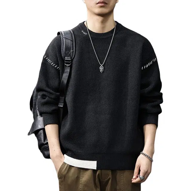 前进牛 美式休闲轻奢潮牌高街痞帅重磅圆领套头打底衫潮流高级感拼色慵懒加厚保暖长袖针织衫 男女同款