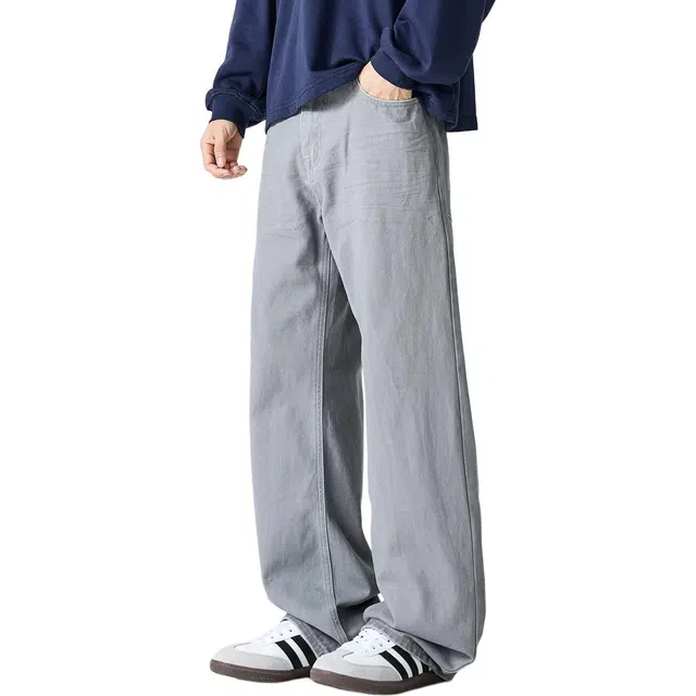 米素力 宽松痞帅垂感纯色直筒潮流中腰牛仔裤 男女同款