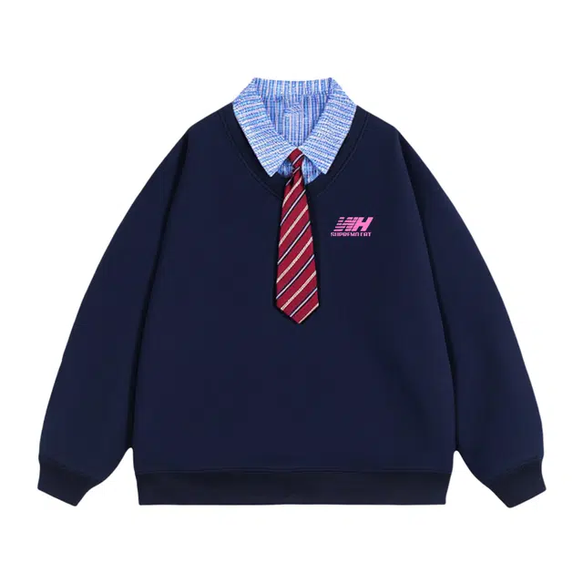 吾皇猫 假两件美式复古学院风简约百搭印花翻领领带装饰基础款套头休闲拼接撞色宽松无性别穿搭长袖卫衣 男女同款