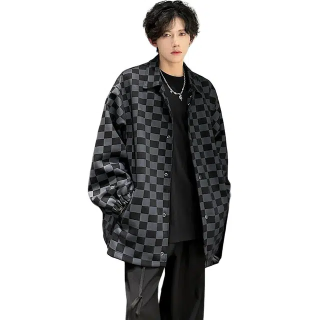 佐菲利 棋盘格子麂皮绒外套痞帅高级感老钱风翻领夹克 男女同款