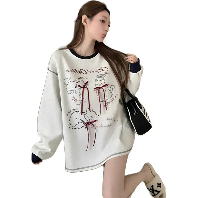 苏九儿 卡通猫咪印花长袖设计感撞色慵懒风宽松 卫衣 女款