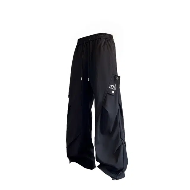 半空山 美式复古高街纯色重磅星空呢降落伞兵速降手工褶皱直筒工装休闲裤 男女同款