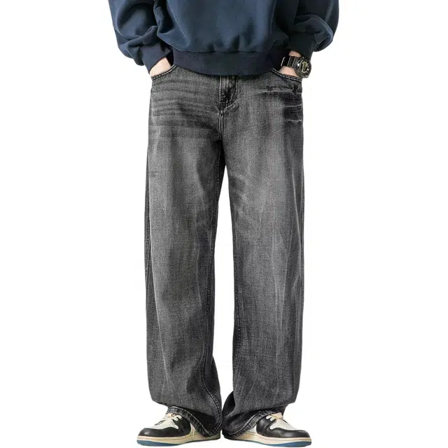米素力 水洗高端宽松直筒复古中腰牛仔裤 男女同款
