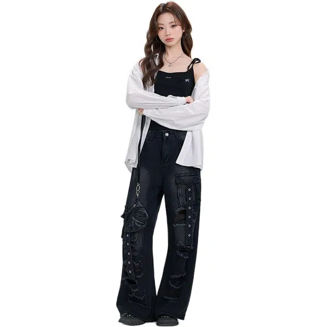 识恩 适中宽松阔腿时尚高腰牛仔裤 女款