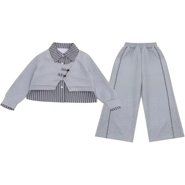 米囹女童休闲运动套装 假两件衬衫春秋款 青少年