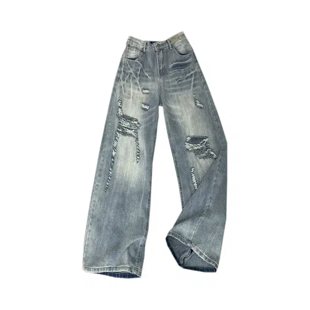 下层基础 高街宽松复古百搭潮流破洞嘻哈舒适长裤休闲牛仔裤 男女同款