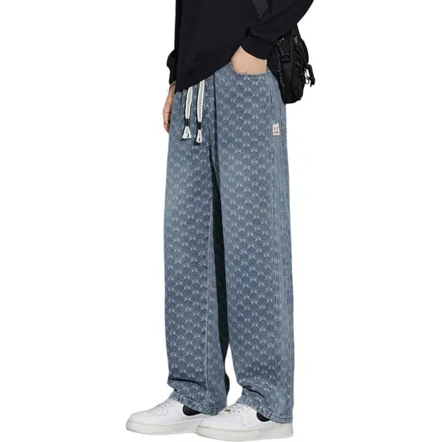 协协乐 蝴蝶纹高街提花复古春秋男士长裤宽松直筒百搭青少年做旧水洗美式抽绳休闲裤牛仔裤 男款