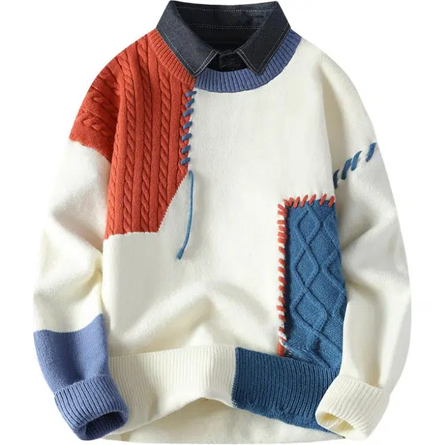 百胜狐 百胜狐拼色圆领男秋冬季宽松潮牌保暖青少年慵懒风休闲打底衫针织衫 男款