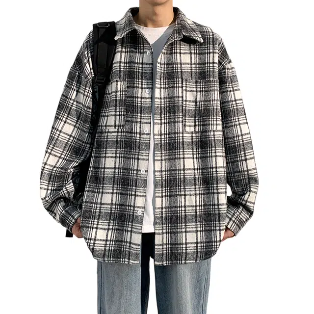 冈哉 美式学院风撞色格子翻领单排扣拼接设计复古潮流舒适百搭休闲宽松港风潮牌长袖衬衫 男女同款