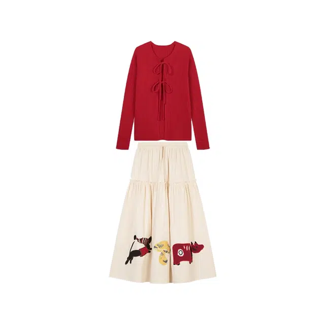 小卷要加油 甜美减龄别致小众设计感绑带开衫外套高腰半身裙春季两件套裙装套装 女款