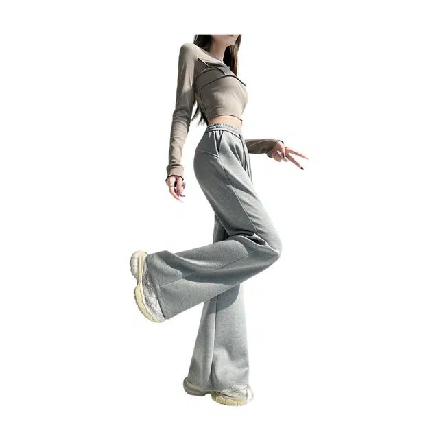 荟萃阁 美式复古高腰抽绳阔腿裤女百搭微喇裤子休闲裤 女款