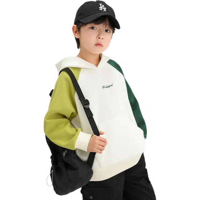 左西 连帽撞色时尚插肩袖卫衣 儿童款 白色