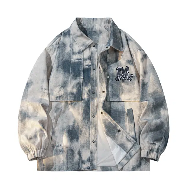 敦煌博物馆 日系工装大口袋复古扎染做旧字母万针刺绣宽松休闲舒适百搭防风翻领单排扣教练长袖工装夹克外套 男女同款