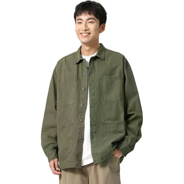 米素力 复古翻领时尚纯色落肩袖长袖衬衫 男女同款