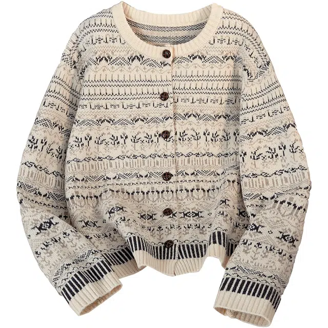 她池 复古风圆领单排扣撞色简约短款长袖针织衫 女款