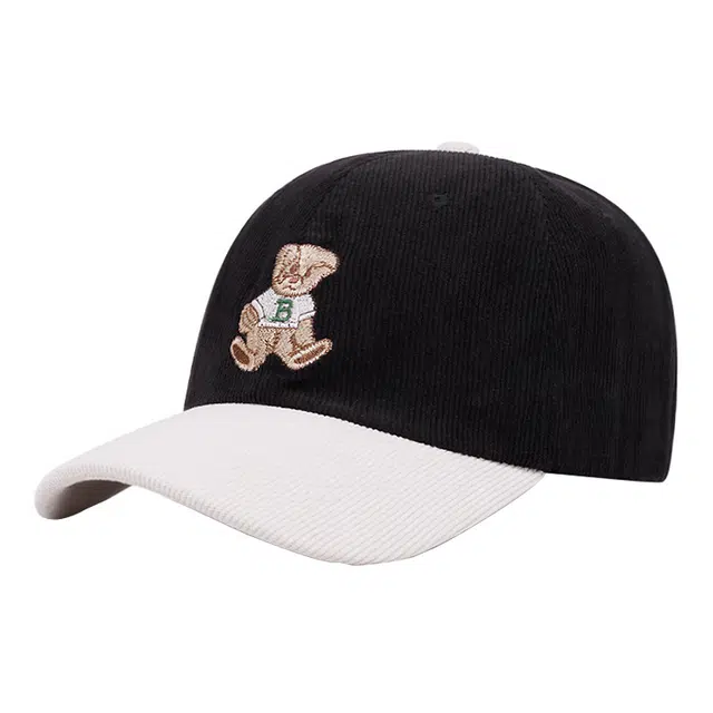 浪莎 韩版灯芯绒小熊刺绣可爱户外休闲百搭大头围显脸小 棉 鸭舌帽 男女同款情侣款