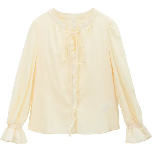 谜秀 杏色不对称灯笼袖长袖法式衬衫 女款