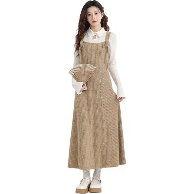 敲模女孩 法式气质淑女洋气打底长袖上衣裙百搭高级修身收腰吊带连衣裙裙装套装 女款