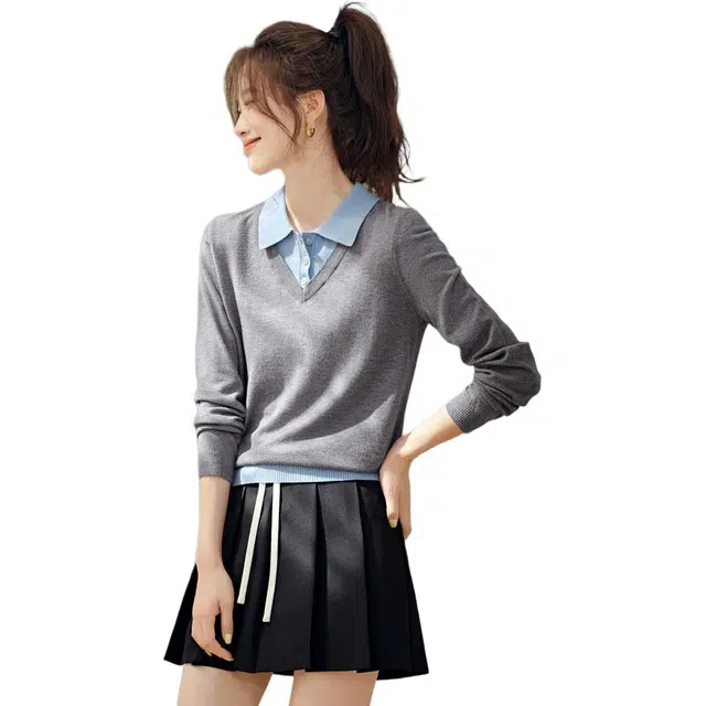 沫晗依美 拼色淡人风常规长袖翻领休闲假两件针织衫 女款