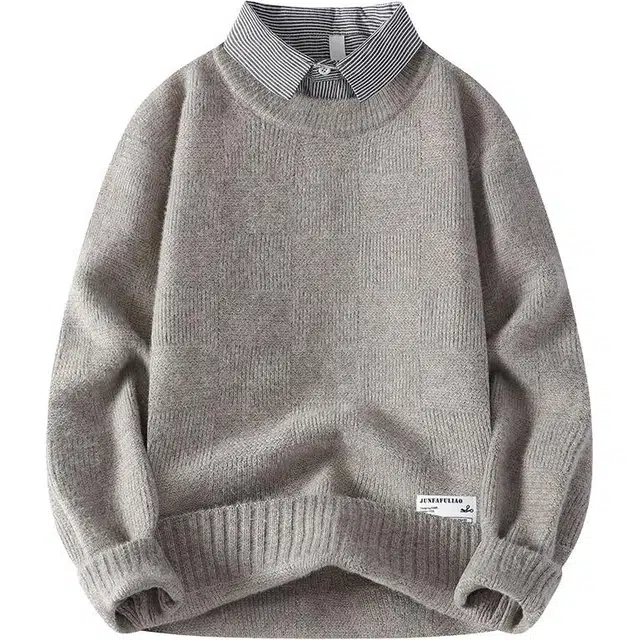 百胜狐 百胜狐衬衫领男秋冬季假俩件男生冬装加厚保暖上衣毛线衣针织衫 男款