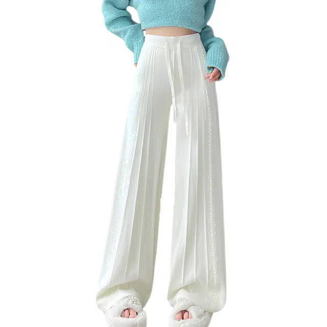 荟萃阁 设计感蕾丝针织阔腿裤高腰显瘦直筒长裤子休闲裤 女款