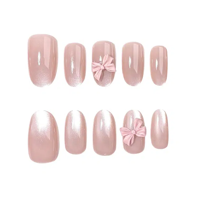 韵月乔 裸粉蝴蝶结法式温柔穿戴甲  杏仁裸粉裸色 法式