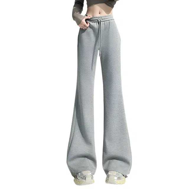 荟萃阁 美式复古高腰抽绳阔腿裤女百搭微喇裤子休闲裤 女款