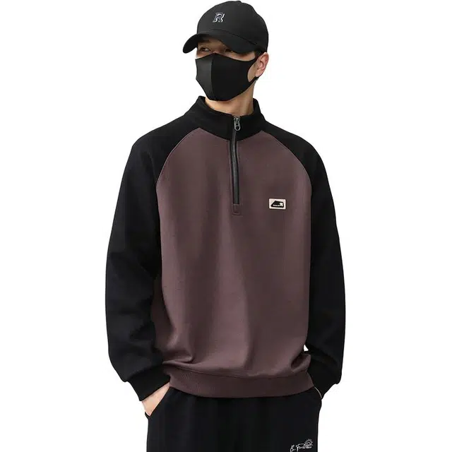 协协乐 半拉链男士春秋季宽松休闲立领外套插肩袖潮牌套头上衣小众设计款卫衣 男款