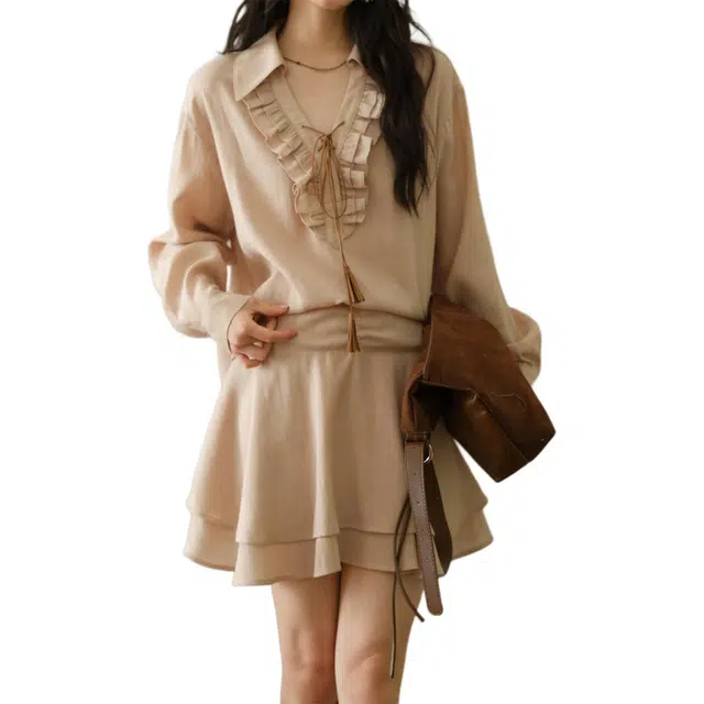 谜秀 波西米亚韩版亚麻混纺圆领裙装套装 女款