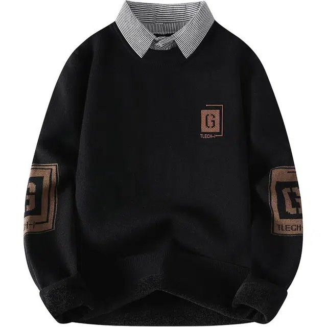 百胜狐 百胜狐假两件秋冬季加厚保暖衬衫领线衣商务男装长袖针织衫 男款