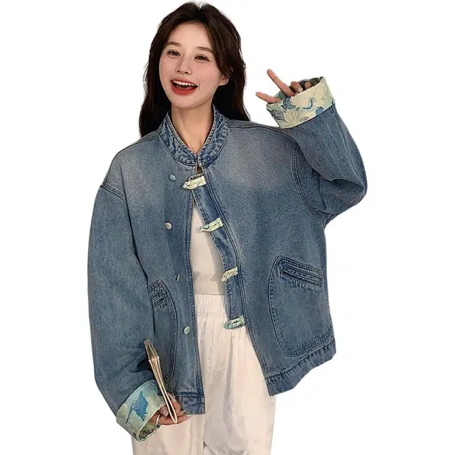 稻草人 新中式国风复古盘扣牛仔外套甜酷气质百搭夹克 女款