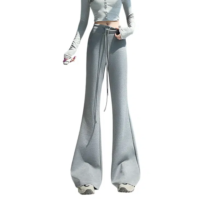 荟萃阁 美式复古高腰抽绳阔腿卫裤女百搭微喇裤子休闲裤 女款