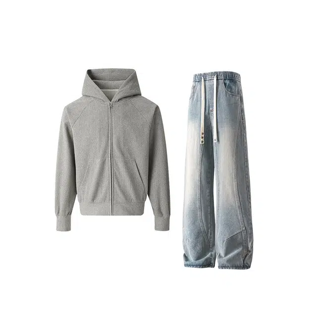 素杭 简约百搭拼接纯色帽衫连帽长袖卫衣外套美式高街复古直筒牛仔裤休闲运动套装 男女同款