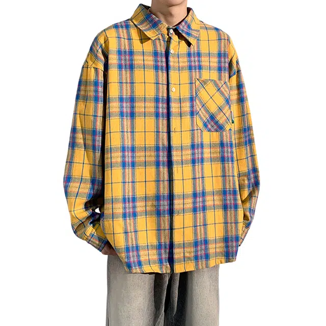 冈哉 多彩条纹拼接美式复古学院风休闲翻领宽松松弛感透气痞帅少年感落肩长袖衬衫 男女同款