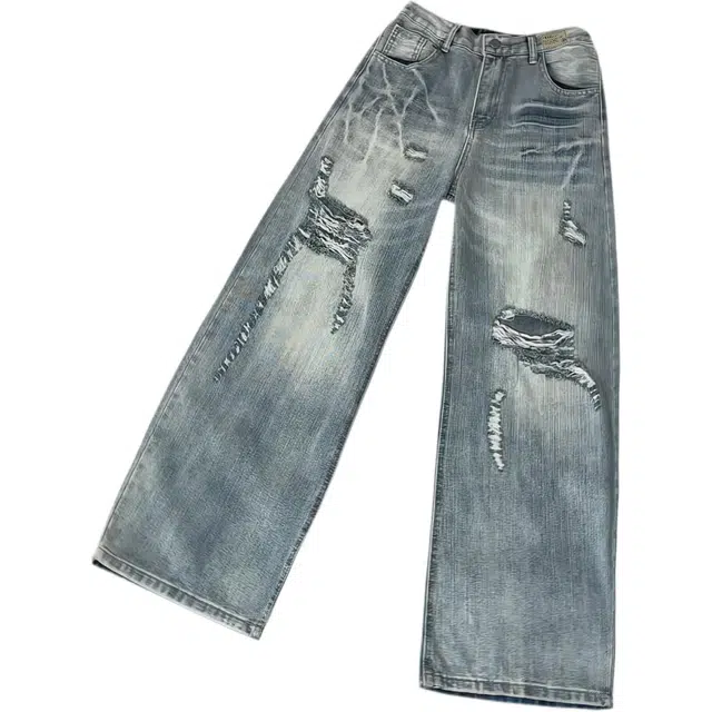 下层基础 高街宽松复古百搭潮流破洞嘻哈舒适长裤休闲牛仔裤 男女同款