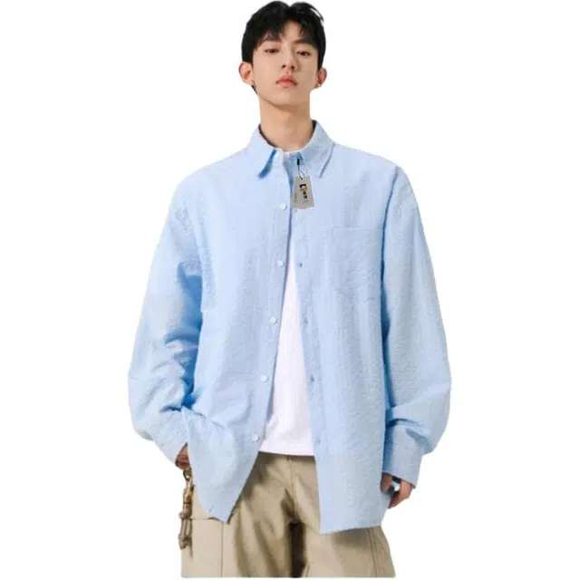 地界二 复古肌理感纯色泡泡纱长袖潮牌宽松百搭薄款衬衣衬衫 男款