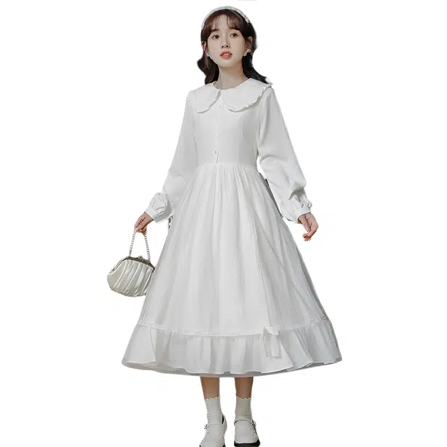 荟萃阁 娃娃领法式复古网纱娃娃裙少女梦幻甜美长裙长袖连衣裙 女款