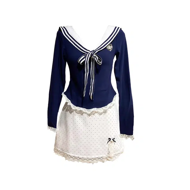 敲模女孩 学院风修身海军领长袖上衣显瘦甜美波点半身裙裙装套装 女款